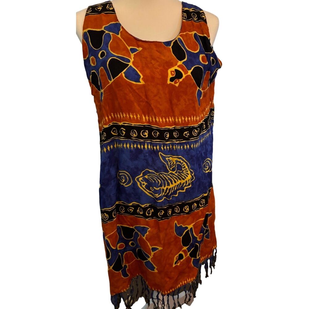 IN Gear Sleeveless Fringe Hem Tropical Dress, Sea Turtles, Size Large, Vintage - Picture 2 of 8